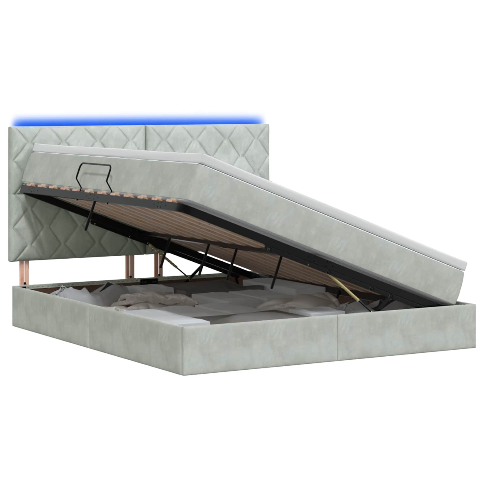 LED Opslagbed met Matras Lichtgrijs 140 x 190 cm Fluweel – afbeelding 1