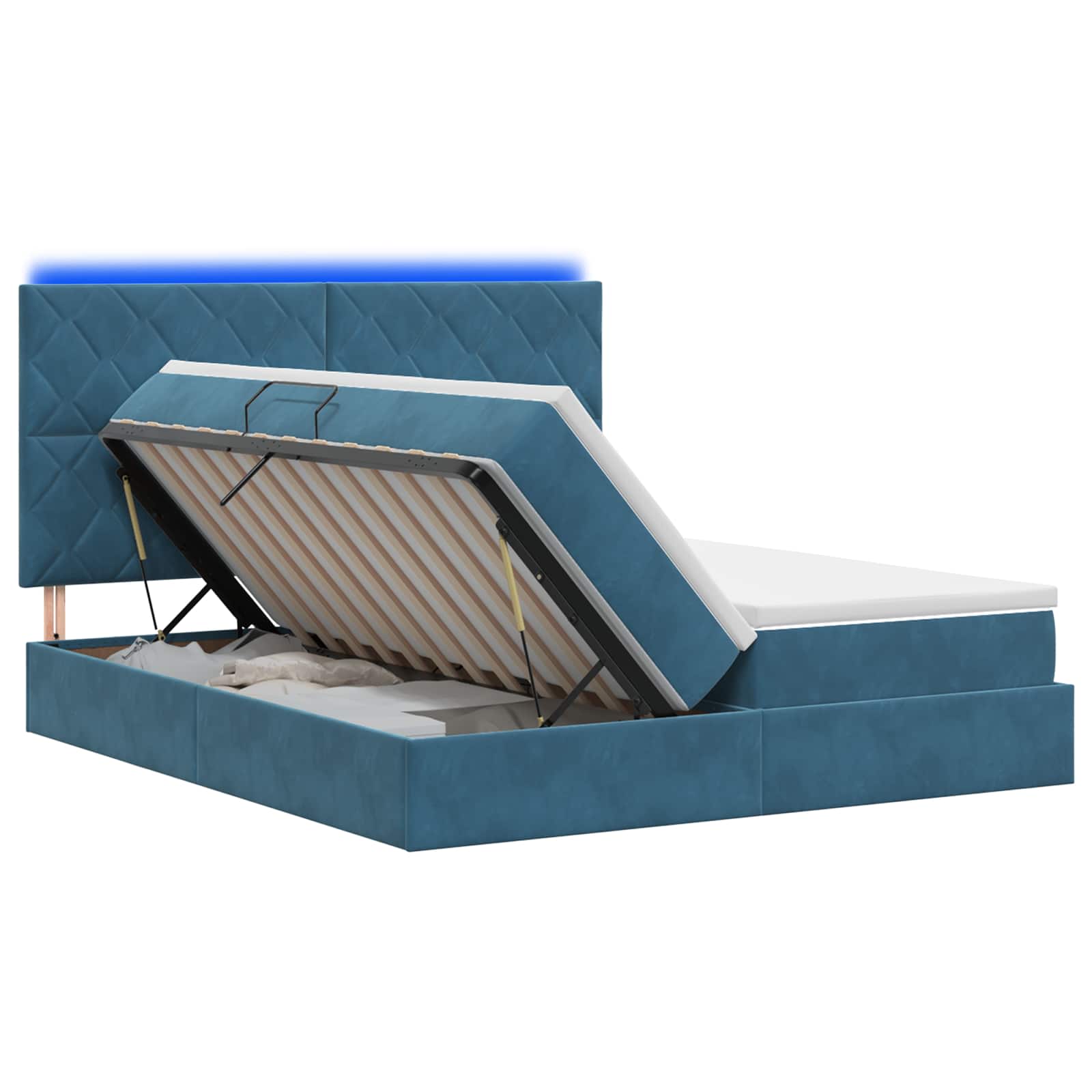 LED Opslagbed met Matras Donkerblauw 200 x 200 cm Fluweel – afbeelding 1