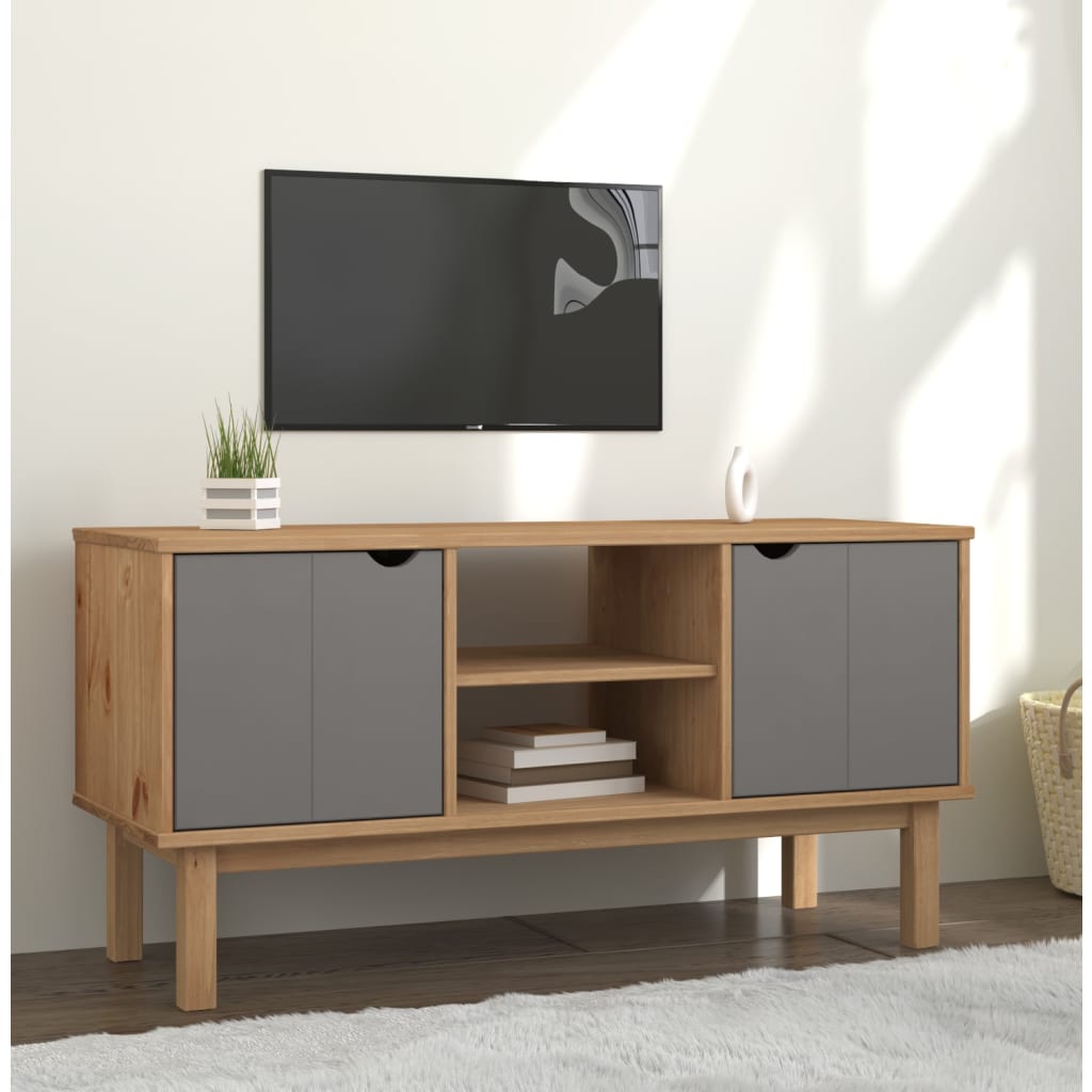 Tv-meubel OTTA 113,5x43x57 cm massief grenenhout bruin en grijs – afbeelding 1