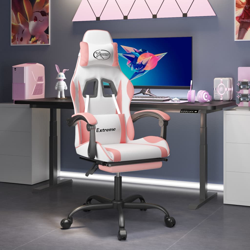 Gamestoel draaibaar met voetensteun kunstleer wit en roze