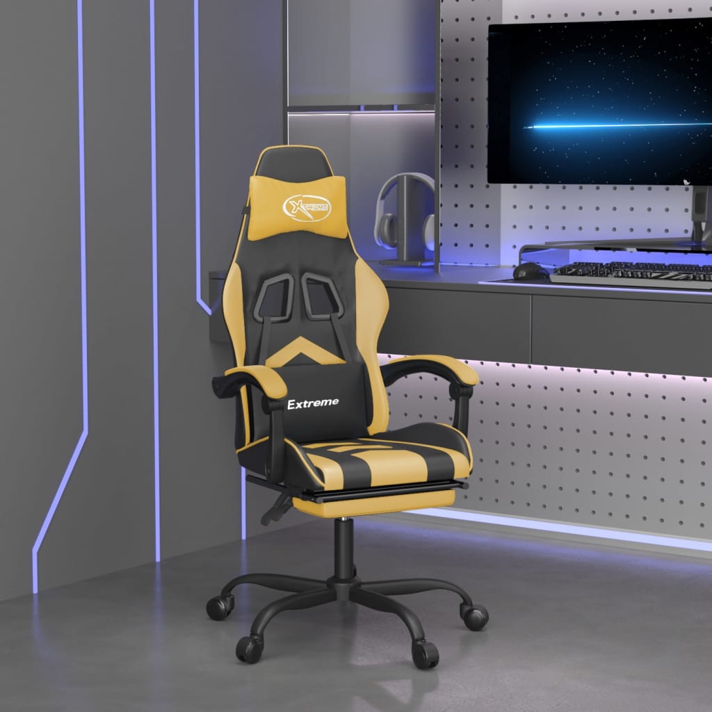 Gamestoel draaibaar met voetensteun kunstleer zwart & goud