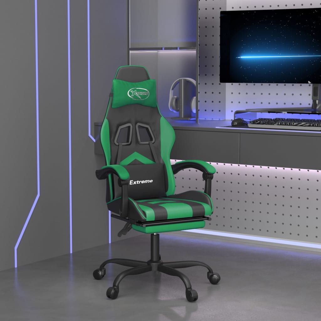Gamestoel draaibaar met voetensteun kunstleer zwart en groen – afbeelding 1
