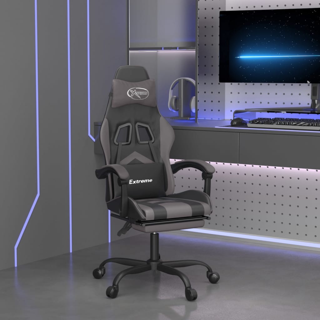 Gamestoel draaibaar met voetensteun kunstleer zwart en grijs
