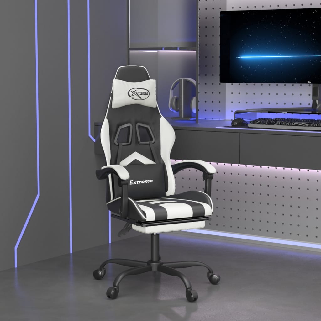 Gamestoel draaibaar met voetensteun kunstleer zwart en wit