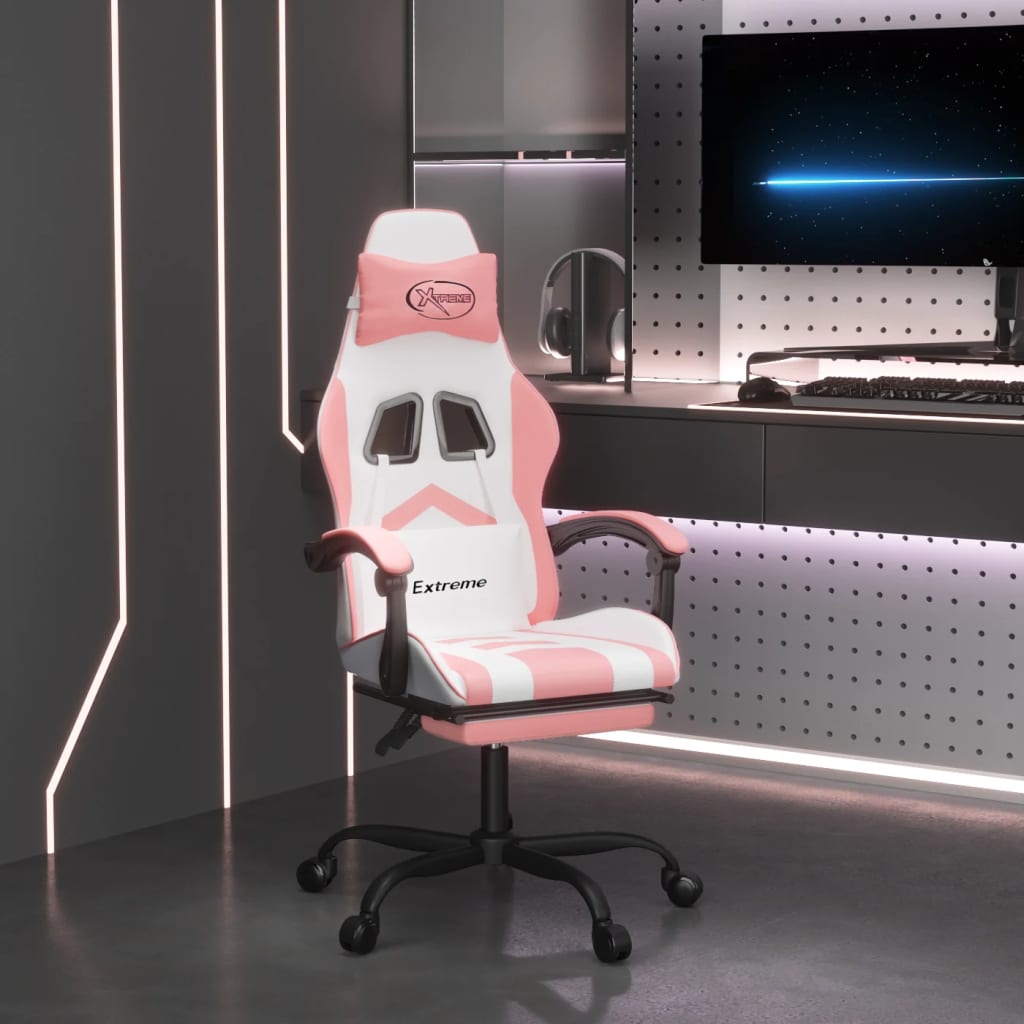 Gamestoel draaibaar met voetensteun kunstleer wit en roze