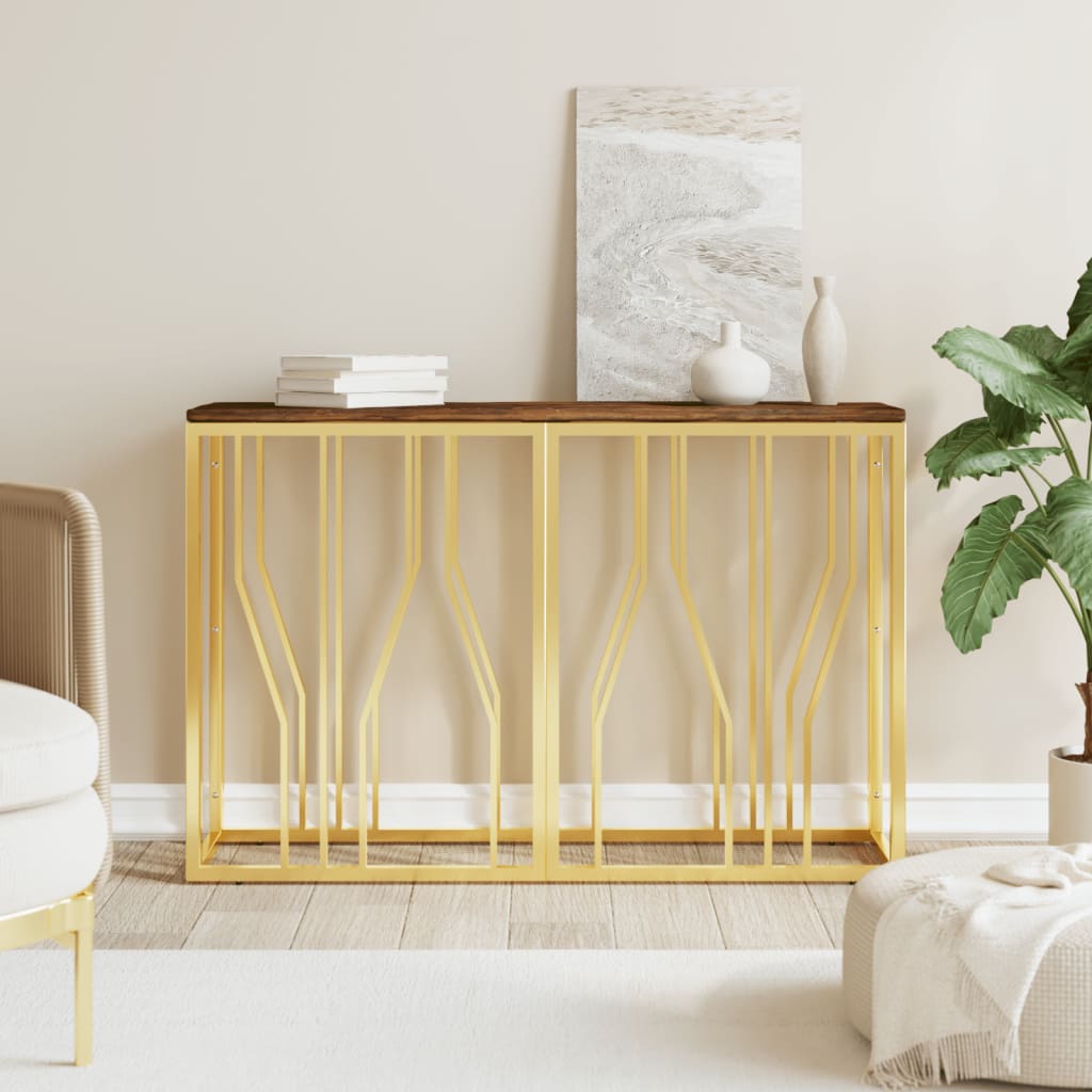 Wandtafel roestvrij staal en massief gerecycled hout goudkleur – afbeelding 1
