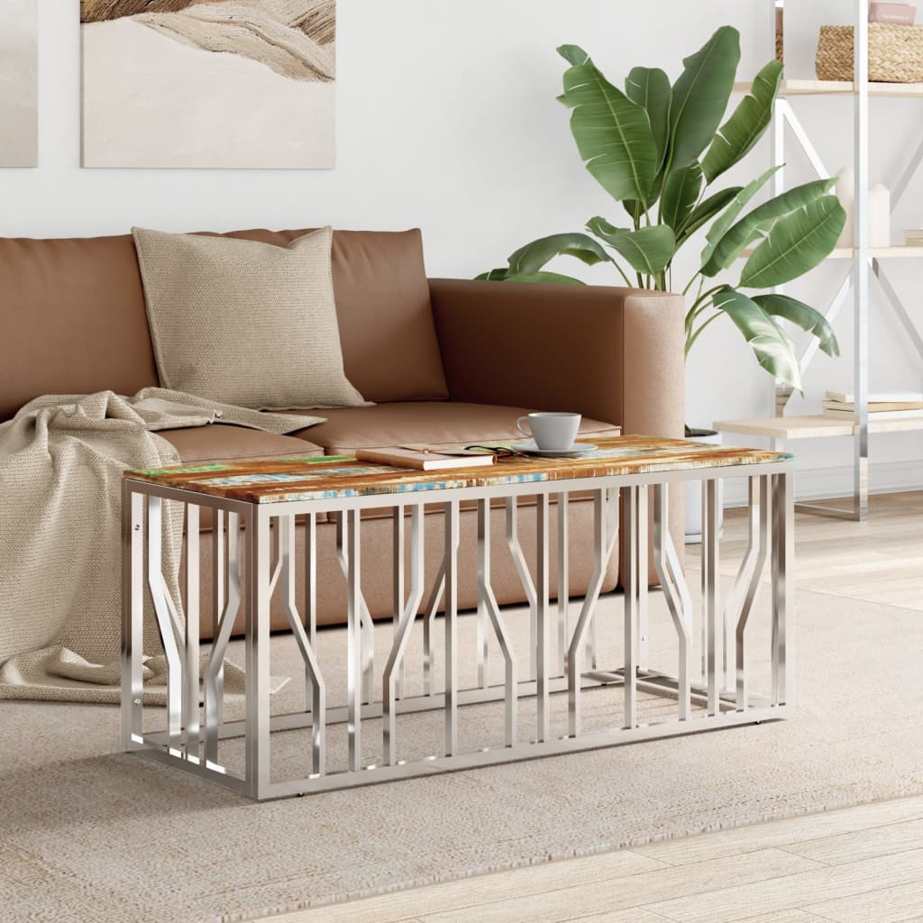 Salontafel roestvrij staal en massief gerecycled hout zilver – afbeelding 1