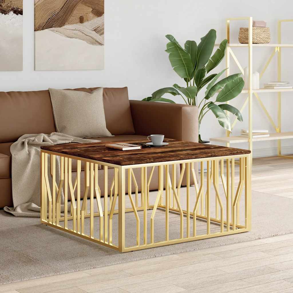 Salontafel roestvrijstaal en massief gerecycled hout goudkleur – afbeelding 1