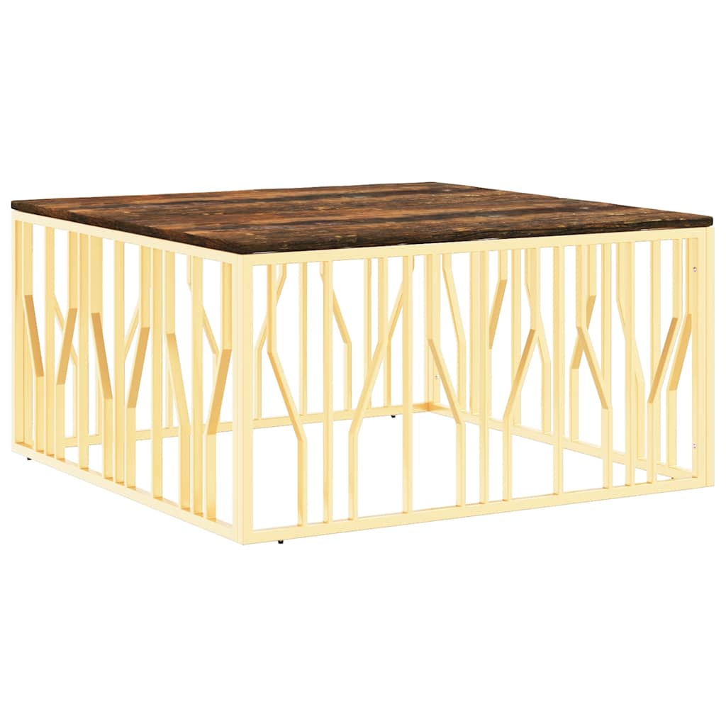 Salontafel roestvrijstaal en massief gerecycled hout goudkleur – afbeelding 2