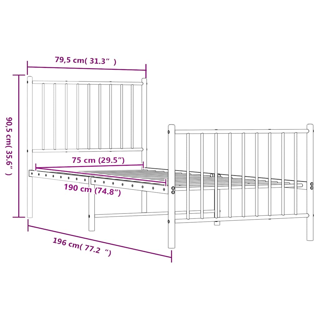 Bedframe met hoofd- en voeteneinde metaal zwart 75x190 cm – afbeelding 9