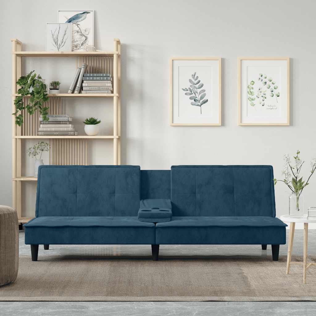 Slaapbank met bekerhouders fluweel blauw