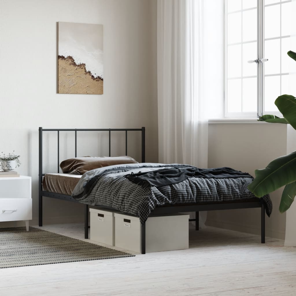 Bedframe met hoofdbord metaal zwart 107x203 cm – afbeelding 1
