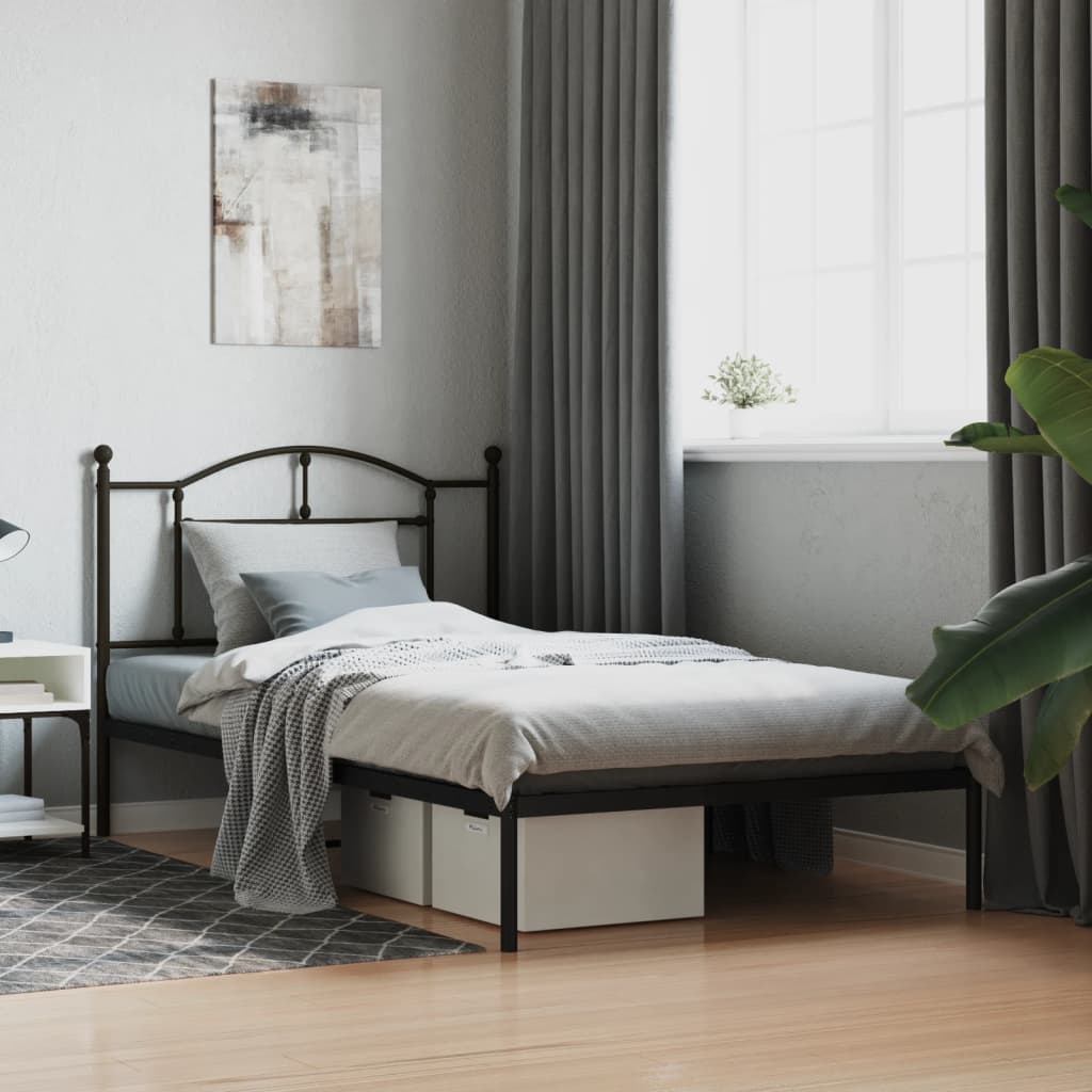 Bedframe met hoofdbord metaal zwart 107x203 cm – afbeelding 1