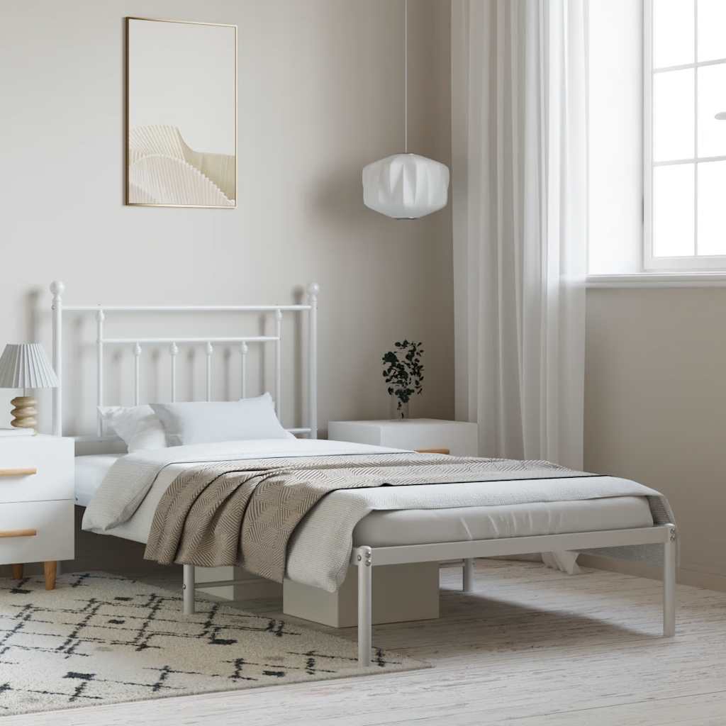 Bedframe met hoofdbord metaal wit 100x190 cm – afbeelding 1