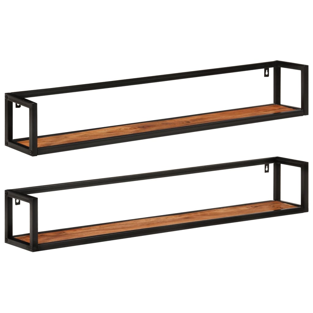 Wandschappen 2 st 110x17x17 cm massief acaciahout en ijzer