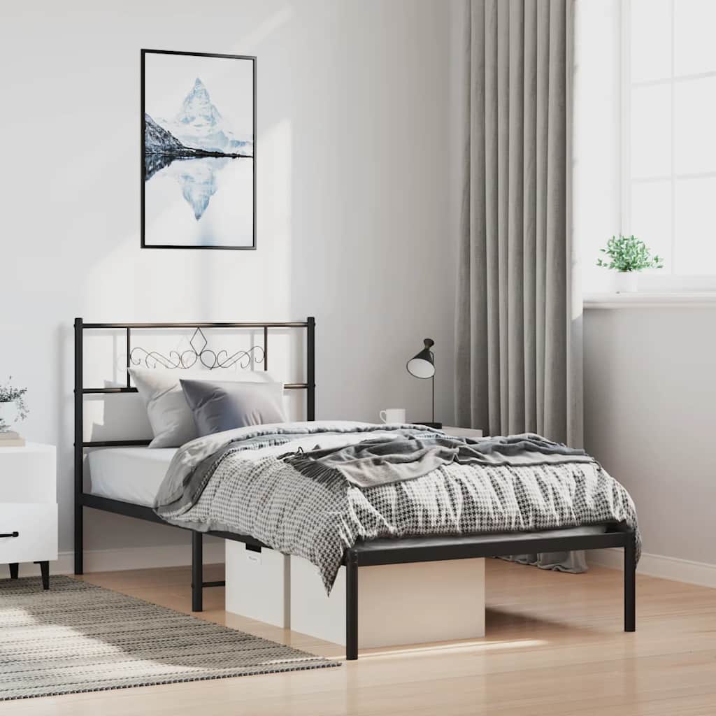 Bedframe met hoofdbord metaal zwart 100x200 cm – afbeelding 1