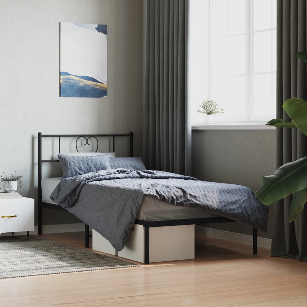 Bedframe met hoofdbord metaal zwart 75x190 cm – afbeelding 1
