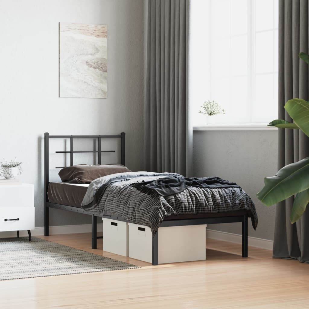 Bedframe met hoofdbord metaal zwart 75x190 cm – afbeelding 1