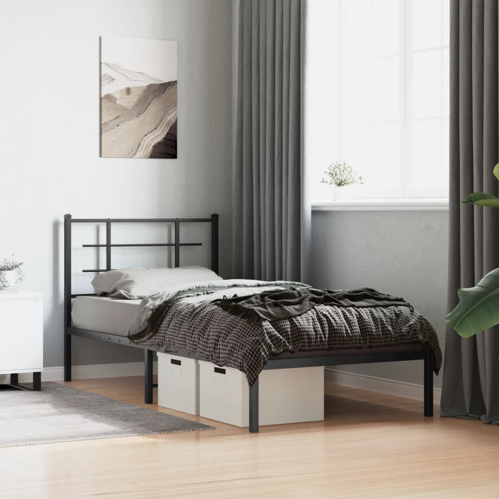 Bedframe met hoofdbord metaal zwart 90x190 cm – afbeelding 1