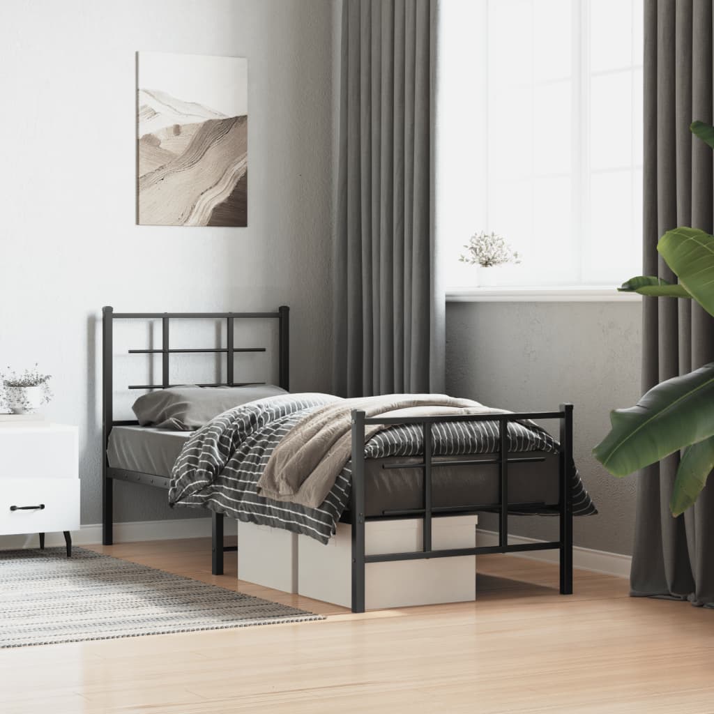 Bedframe met hoofd- en voeteneinde metaal zwart 75x190 cm – afbeelding 1