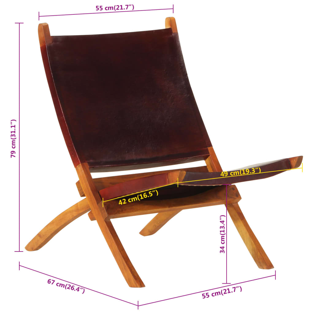Relaxstoel inklapbaar echt leer donkerbruin – afbeelding 9