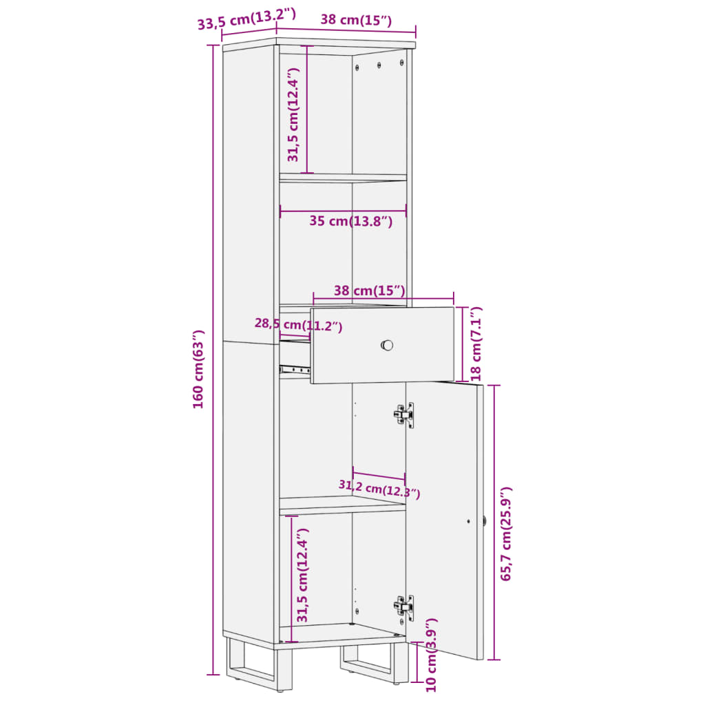 Badkamerkast 38x33,5x160 cm massief mangohout bruin en zwart – afbeelding 12