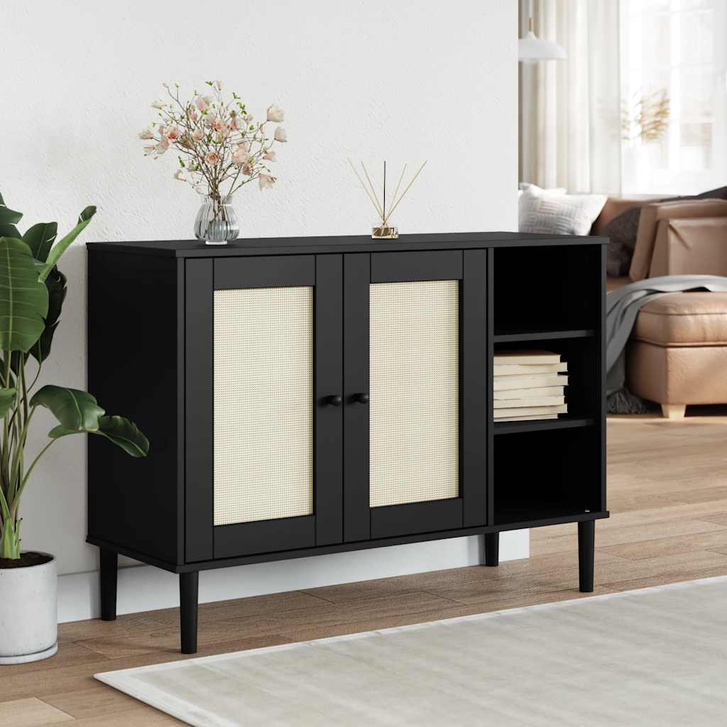 Dressoir SENJA 112x40x80 cm rattan massief grenenhout zwart – afbeelding 1