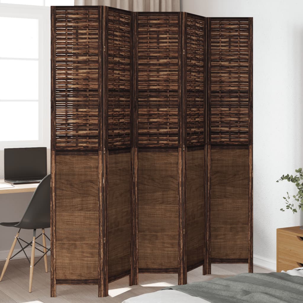 Kamerscherm met 5 panelen massief paulowniahout donkerbruin – afbeelding 1