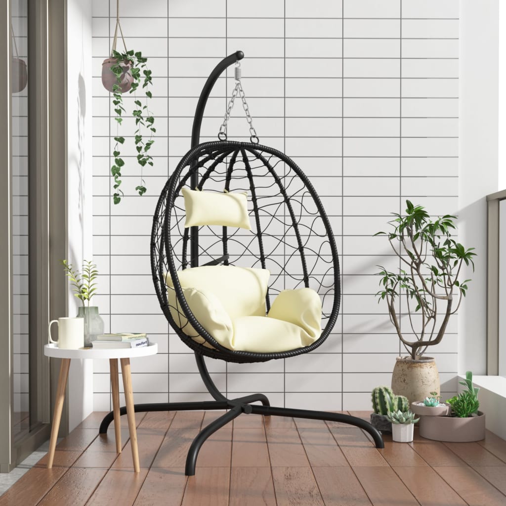 Hangende Ei-stoel met Kussen Crèmewit Poly Rattan & Staal