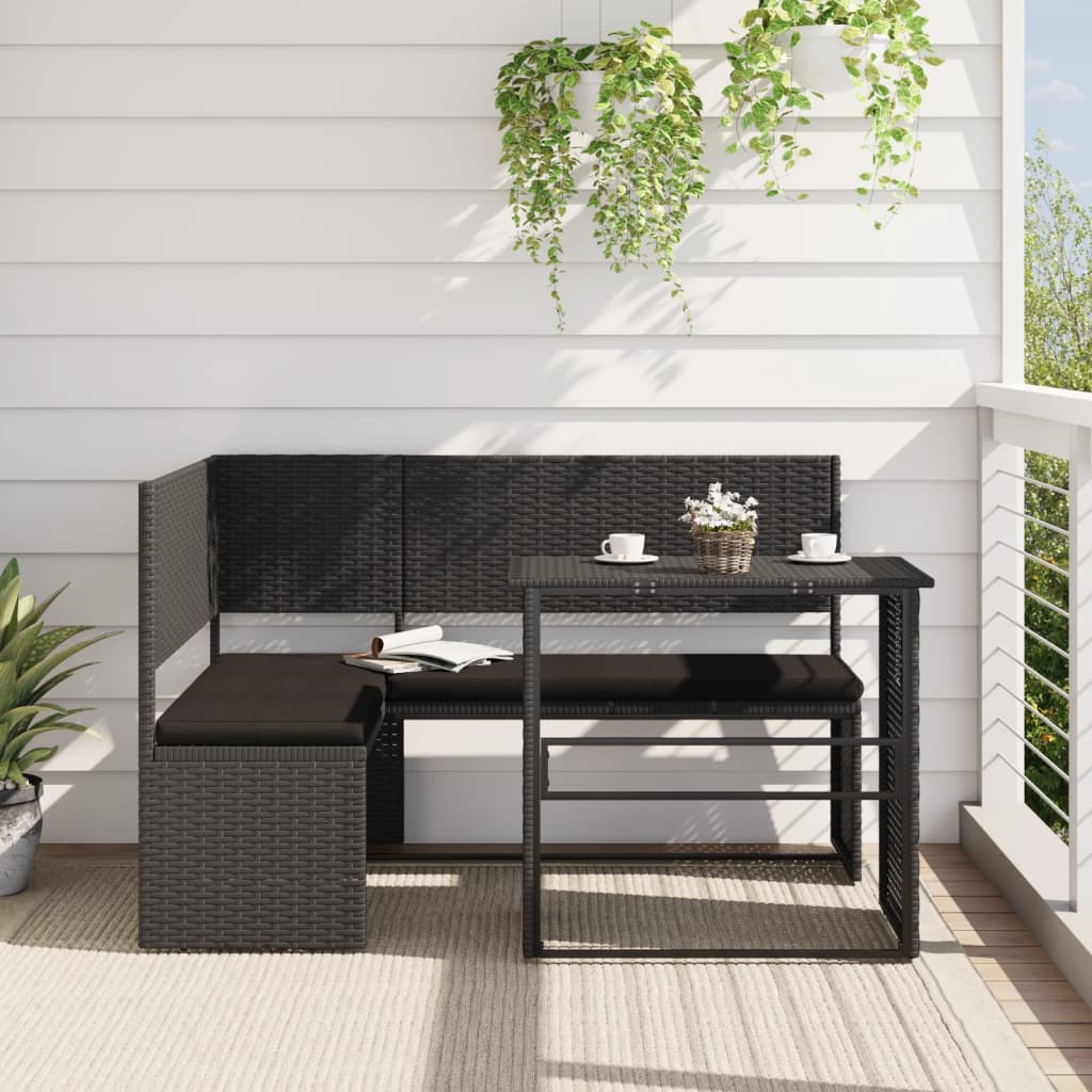 Tuinbank met tafel en kussens L-vormig poly rattan zwart – afbeelding 1