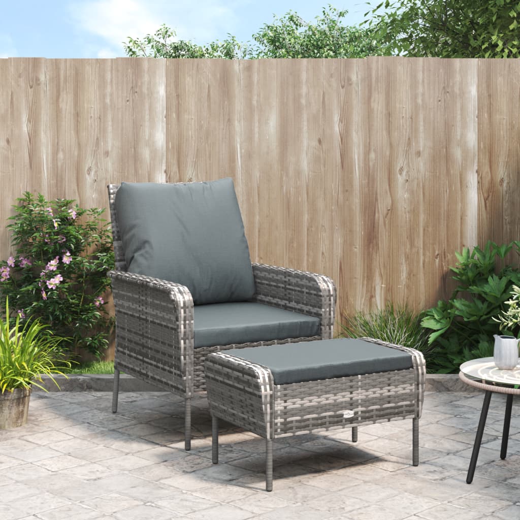 Tuinstoel met voetenbank poly rattan grijs – afbeelding 1