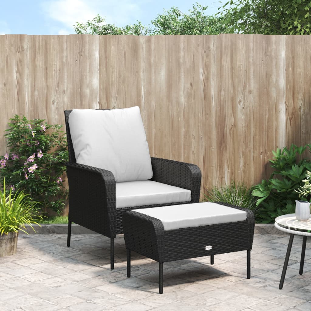 Tuinstoel met voetenbank poly rattan zwart – afbeelding 1