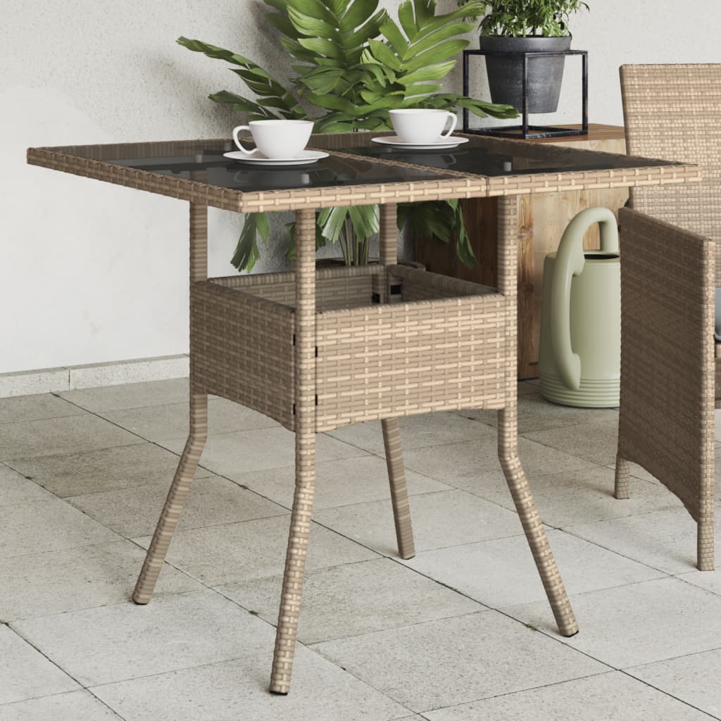 Tuintafel met glazen blad 80x80x75 cm poly rattan beige – afbeelding 1