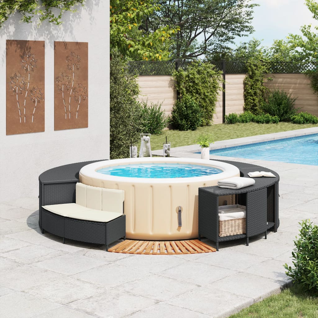 Hottub-ombouw poly rattan en massief acaciahout zwart – afbeelding 3