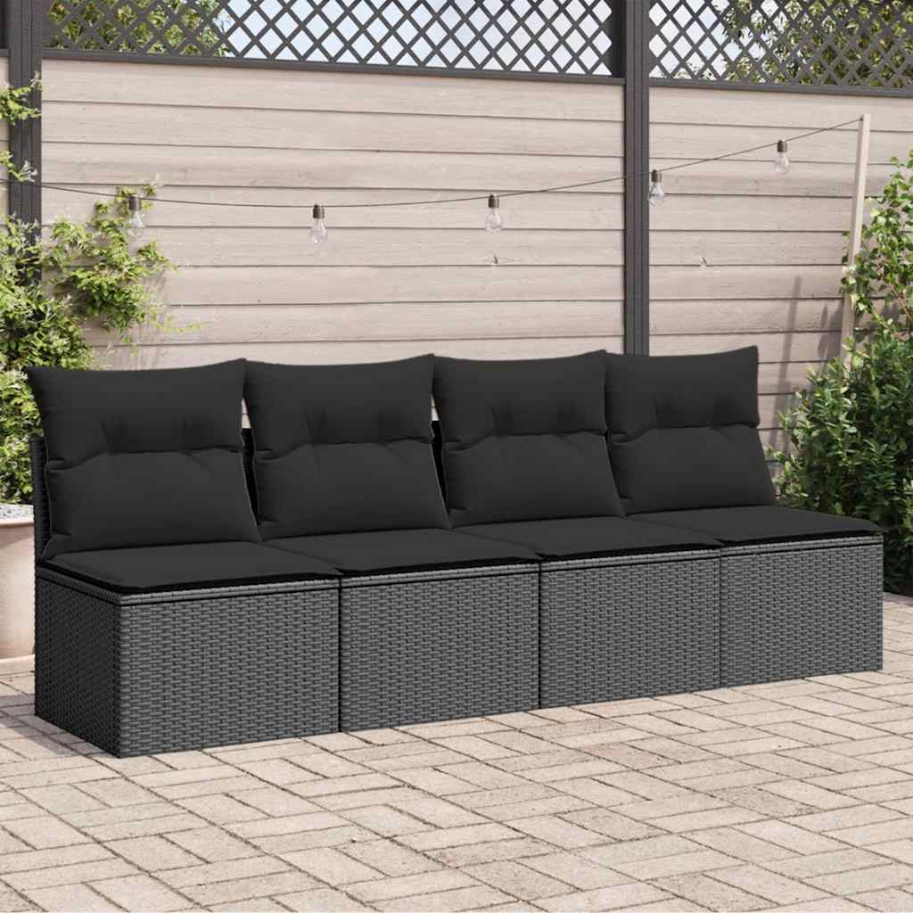 Tuinbank met kussens 4-zits zwart poly rattan – afbeelding 1