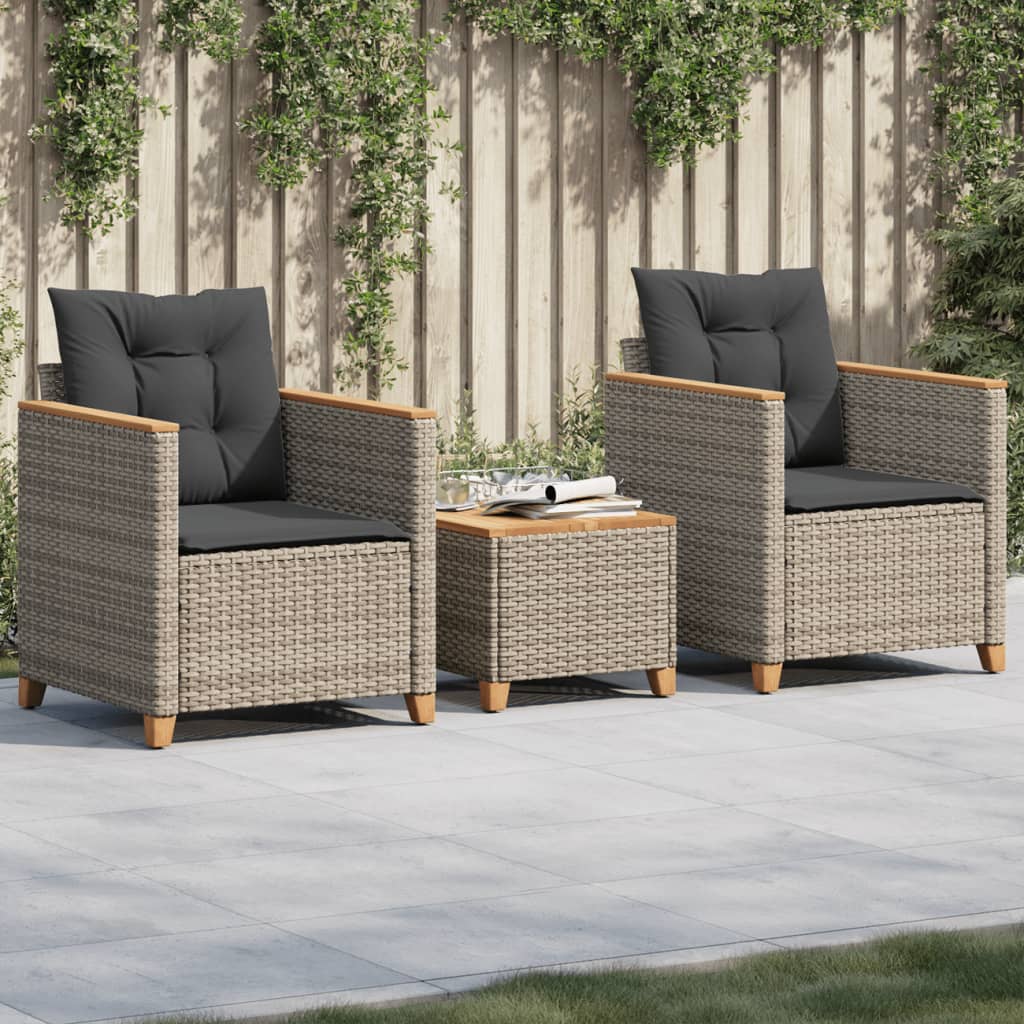 3-delige Bistroset met kussens poly rattan en acaciahout grijs – afbeelding 1