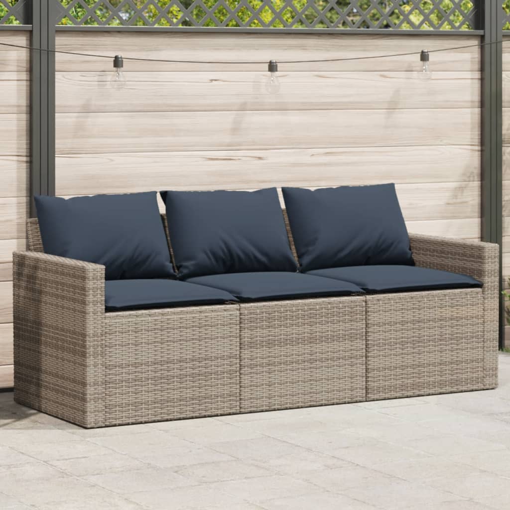 Tuinbank 3-zits met kussens poly rattan grijs – afbeelding 1