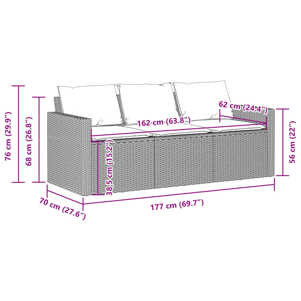 Tuinbank 3-zits met kussens poly rattan grijs – afbeelding 8