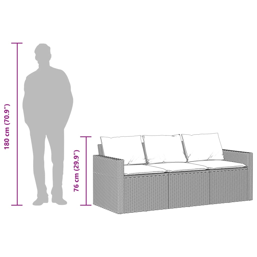 Tuinbank 3-zits met kussens poly rattan grijs – afbeelding 9
