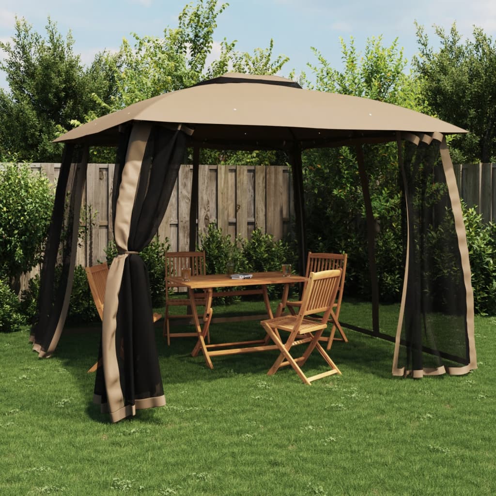 Prieel zijwanden van gaas en dubbel dak 2,93x2,93 m staal taupe – afbeelding 1