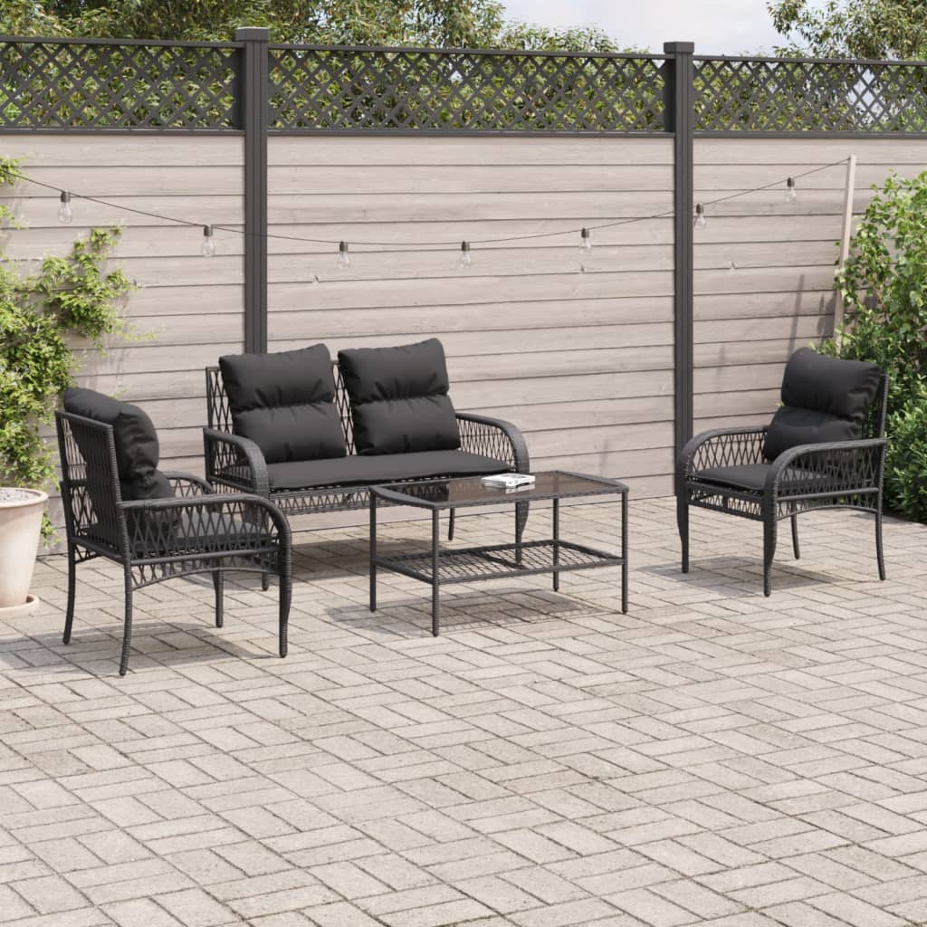 4-delige Loungeset met kussens poly rattan zwart – afbeelding 1