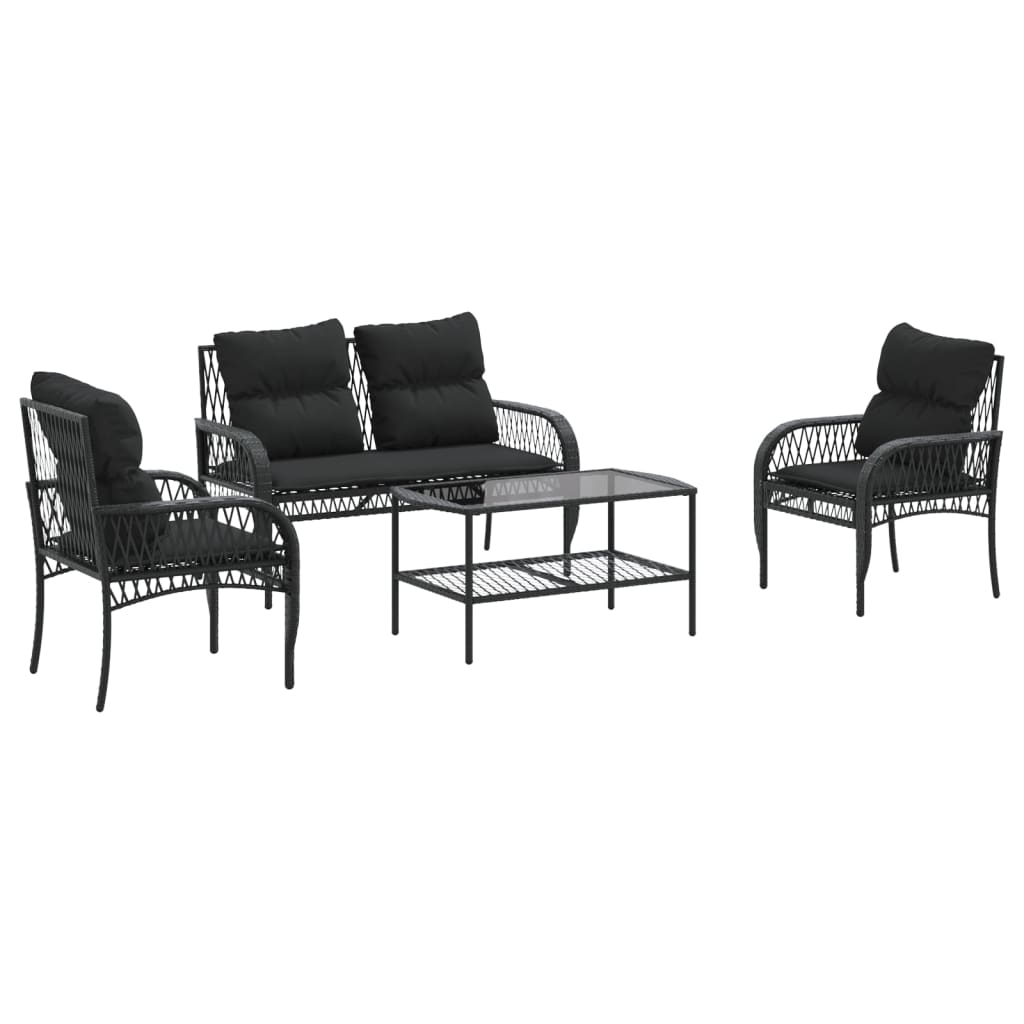 4-delige Loungeset met kussens poly rattan zwart – afbeelding 2