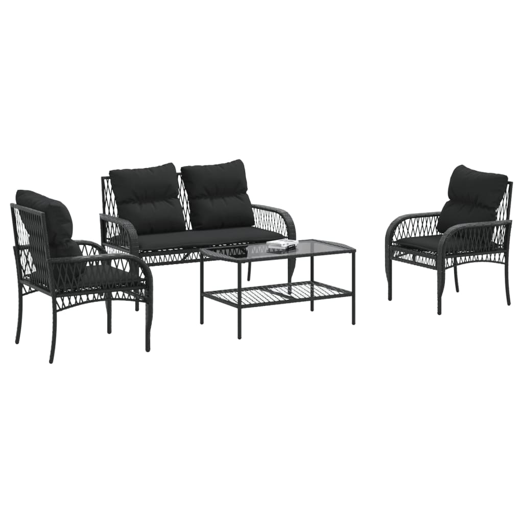 4-delige Loungeset met kussens poly rattan zwart – afbeelding 3