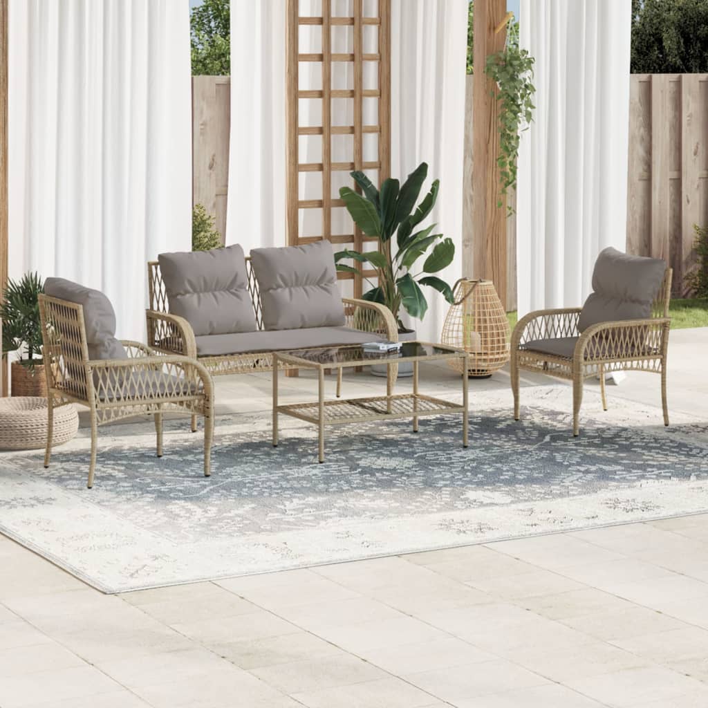 4-delige Loungeset met kussens poly rattan beige – afbeelding 1