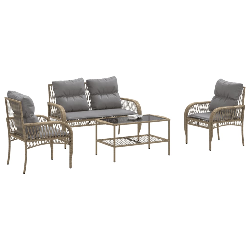 4-delige Loungeset met kussens poly rattan beige – afbeelding 3