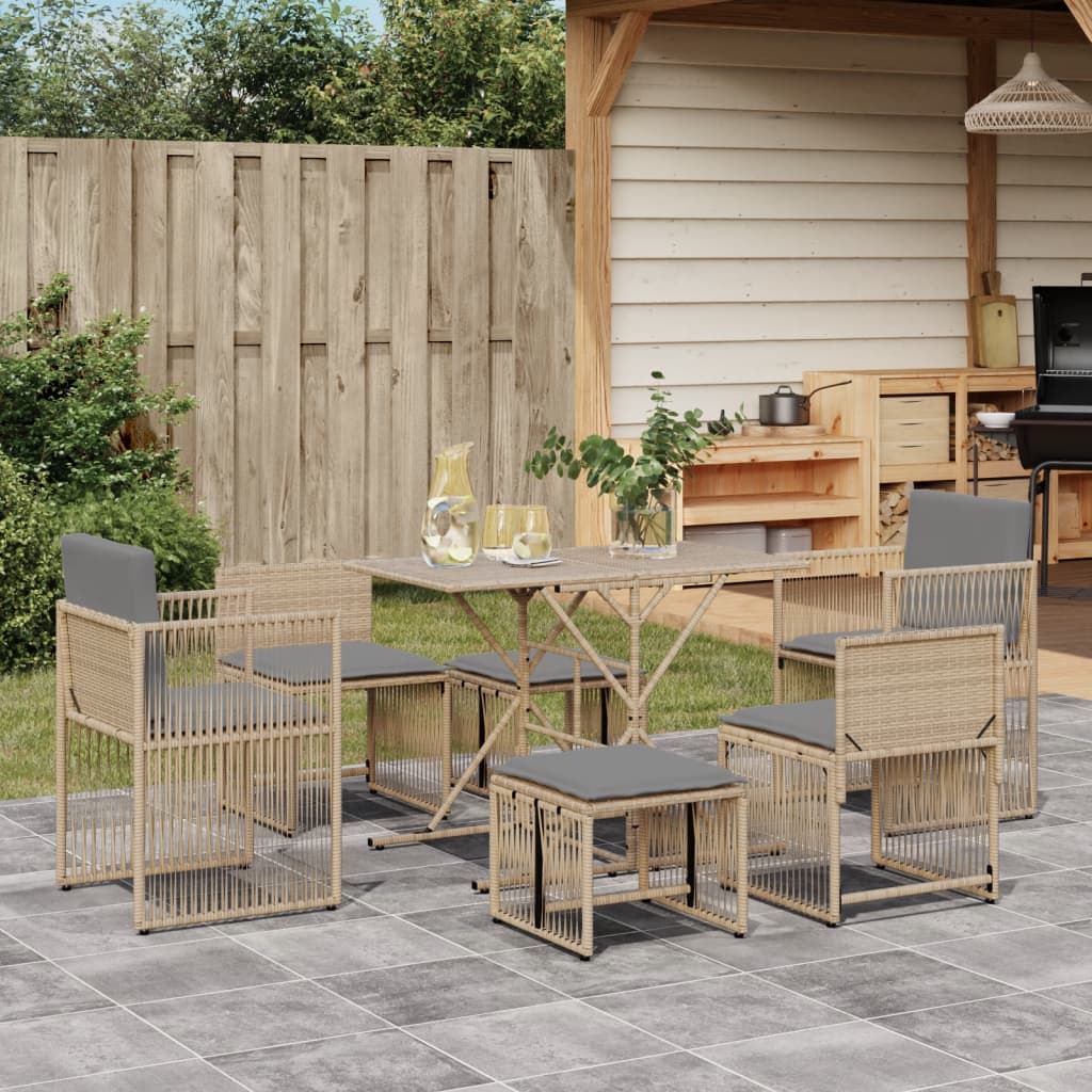 7-delige Tuinset met kussens poly rattan beige – afbeelding 1