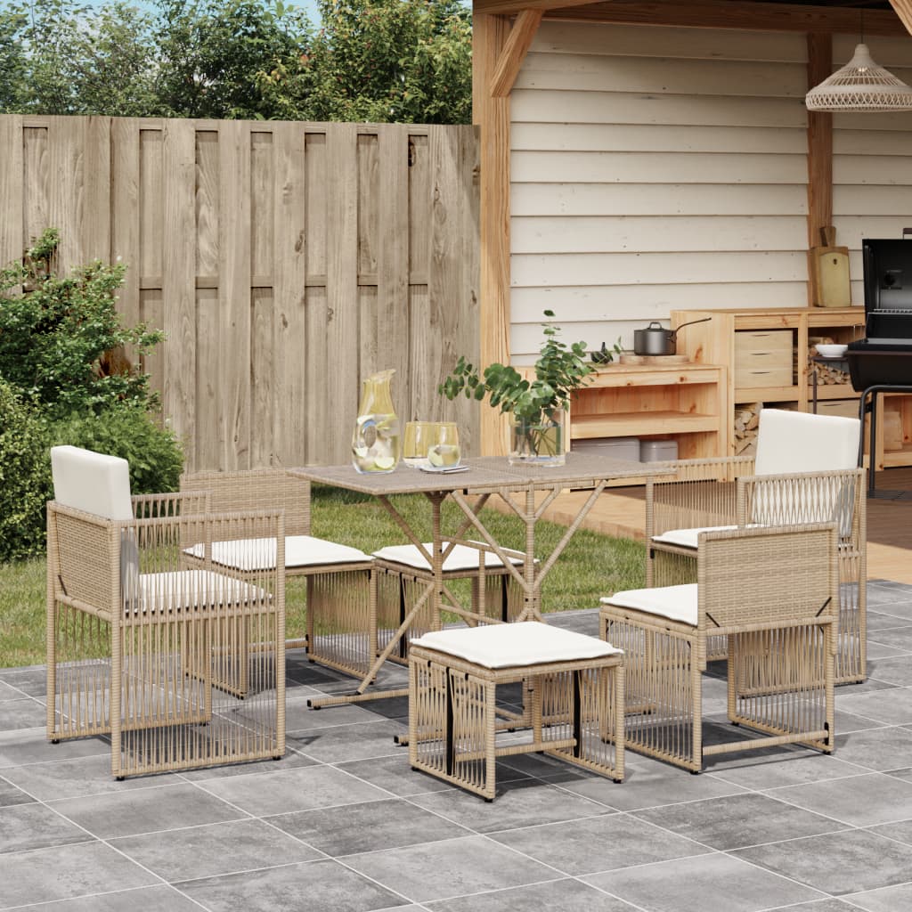 7-delige Tuinset met kussens poly rattan beige – afbeelding 1