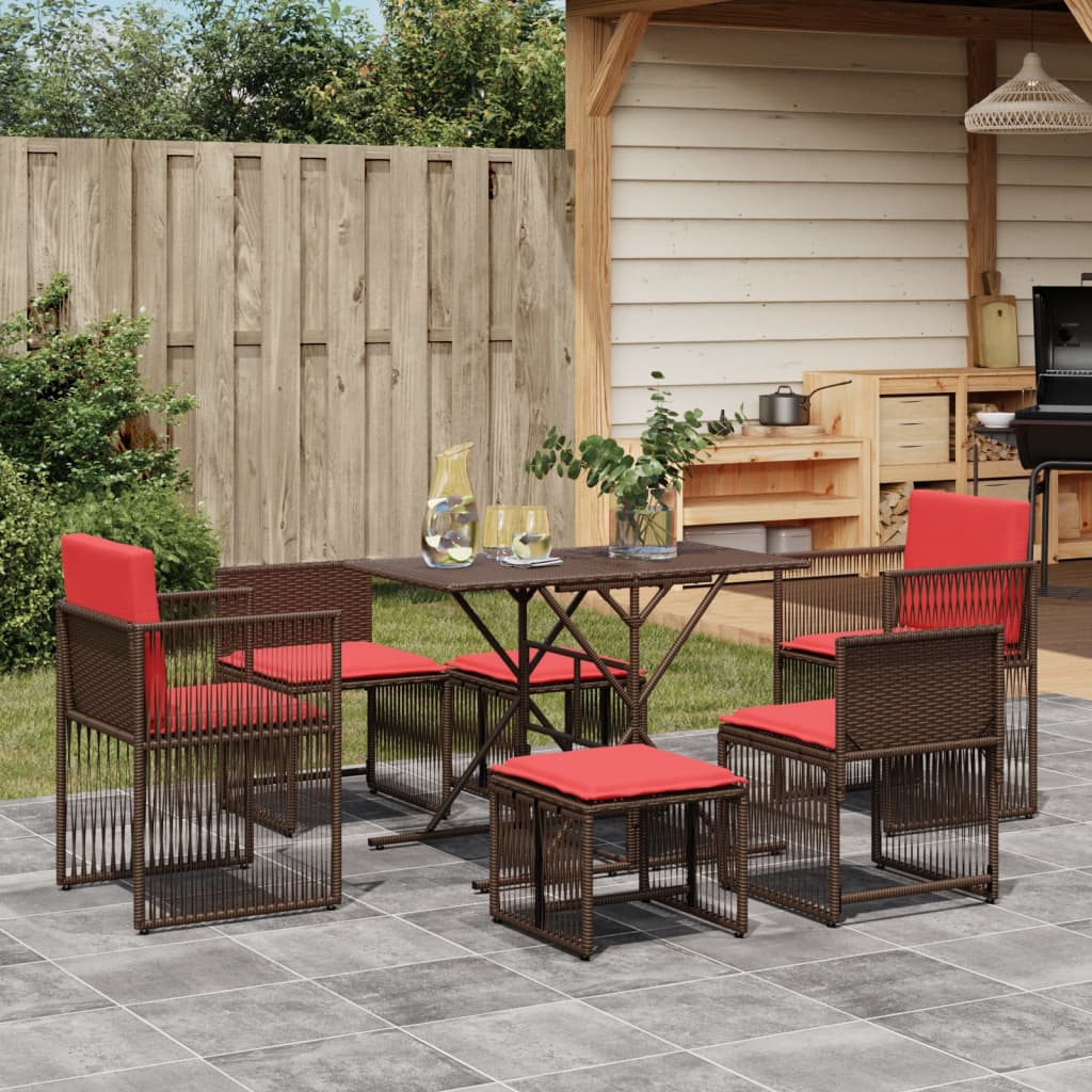 7-delige tuineetset met kussens bruin poly rattan – afbeelding 1