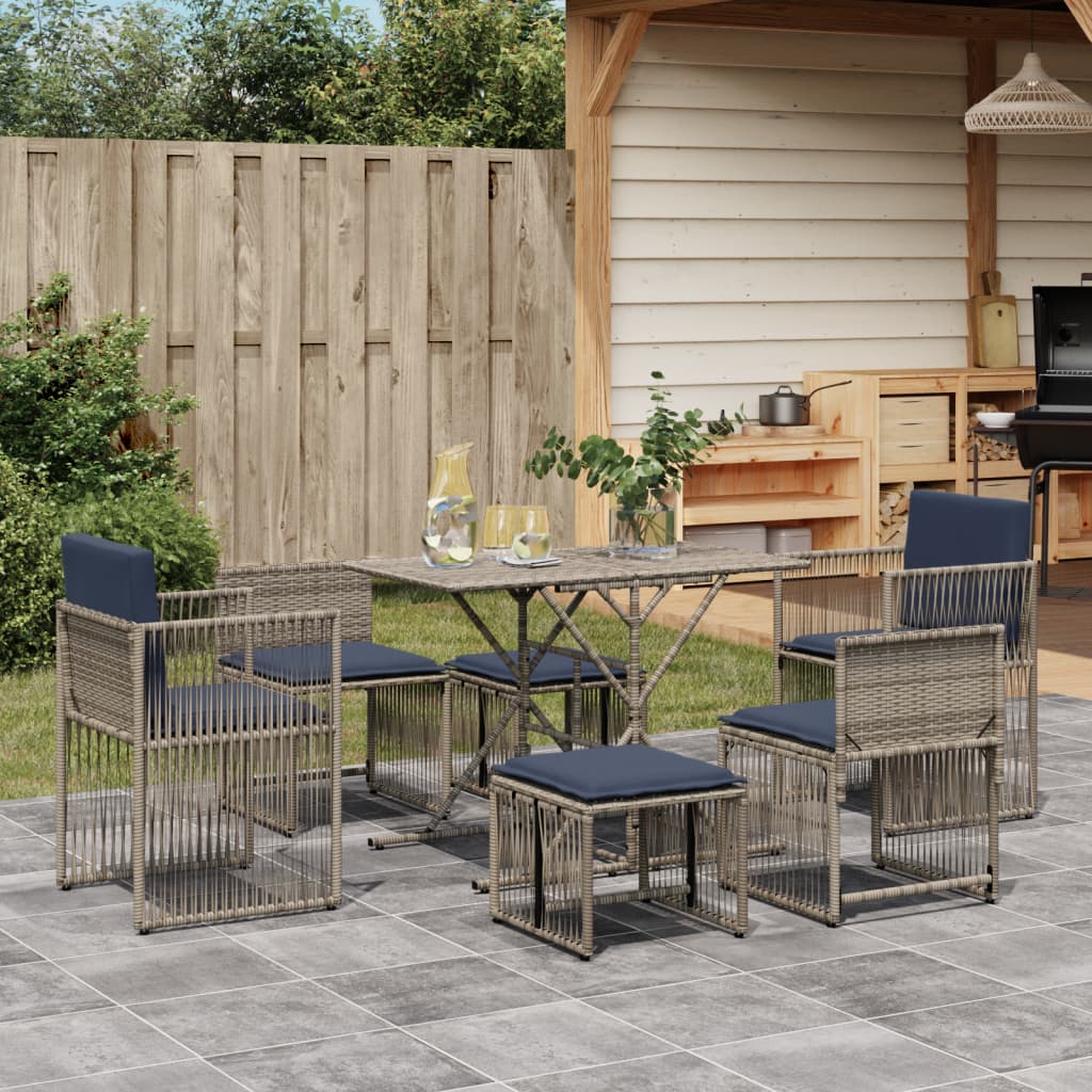 7-delige tuineetset met kussens grijs poly rattan – afbeelding 1