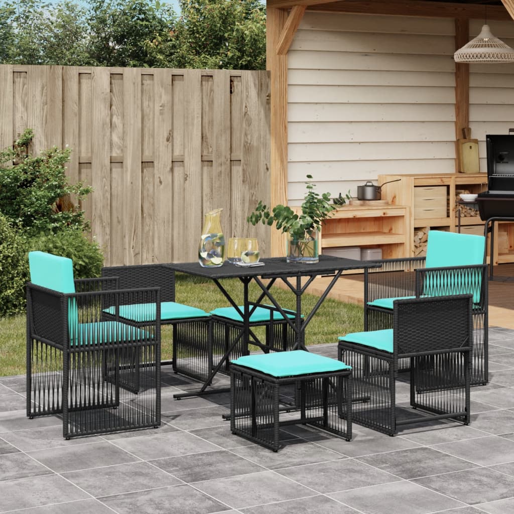 7-delige tuineetset met kussens zwart poly rattan – afbeelding 1